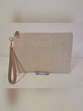Madison West Beige Woven Wristlet Clutch I Neutral Zip Pouch Bag